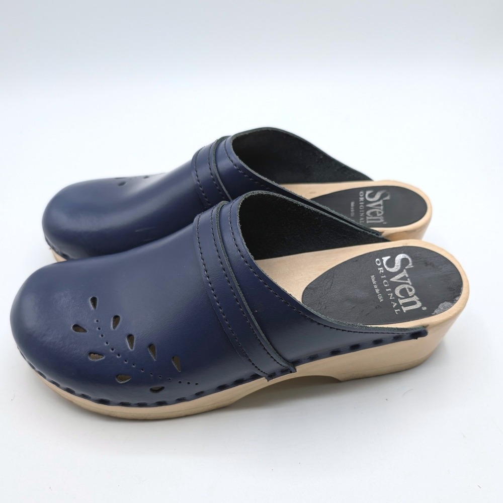 Sven 41 Original Blue Leather Perforated Wooden Clogs sz 10.5 Mules Made in USA